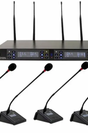 AMS MU 504 + MM 204 Sistema de conferencia con 4 micrófonos de sobremesa. 180 canales. Sincronización IR Directo De Fábrica