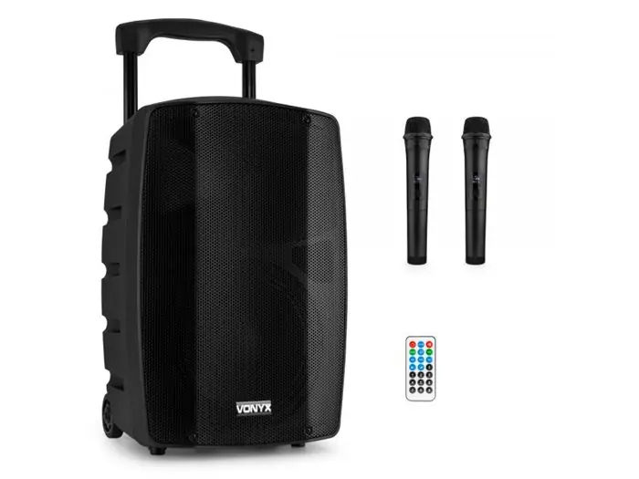 Vonyx VSP200 Altavoz portátil bluetooth de 10” 200W 2 micrófonos inalámbricos SD USB MP3 Envío Inmediato