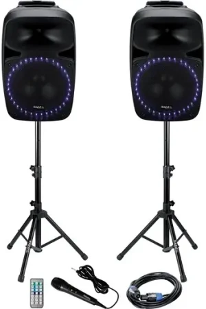 IBIZA SOUND 12'' ACT+PASS SPK SET +2xSTANDS +1xW. MIC +1x5m J.6,35CABLE w/LED LIGHT, USB, BT, PKG12A-SET Mejor Precio