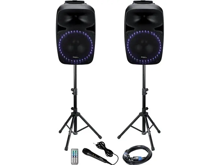 IBIZA SOUND 12'' ACT+PASS SPK SET +2xSTANDS +1xW. MIC +1x5m J.6,35CABLE w/LED LIGHT, USB, BT, PKG12A-SET Mejor Precio