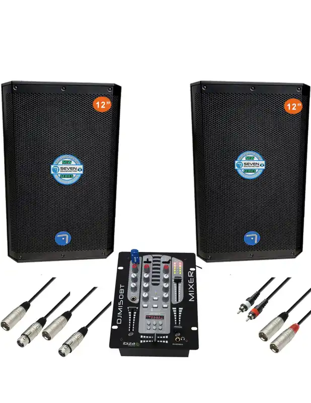 Pack Equipo de Sonido DJ Seven PASV-12APRO TWS - 2400W Peak + Mesa de Mezclas y Cables Precio Rebajado