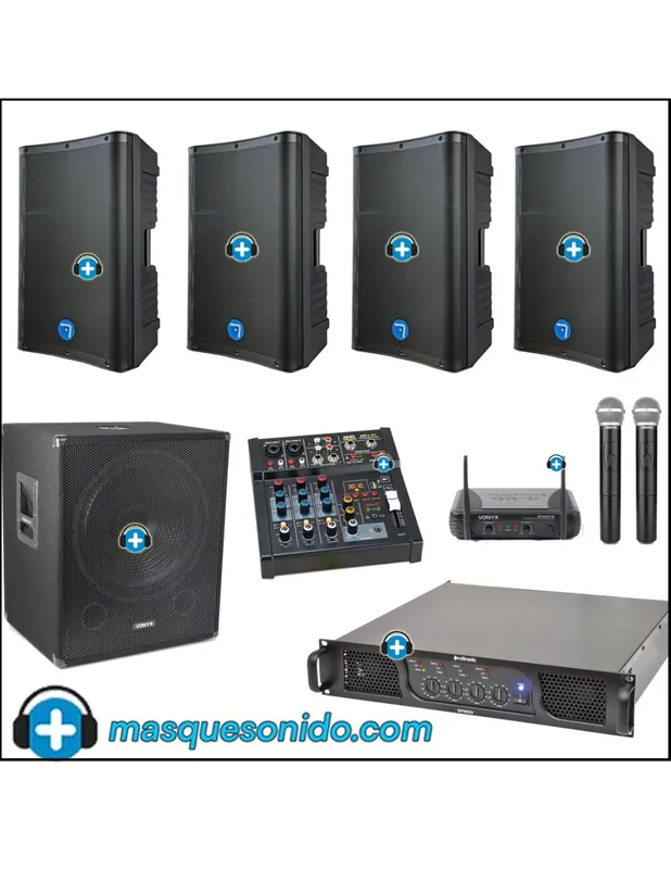 Pack Sonido Karaoke y Eventos 1600W: 4 Altavoces 15", Mesa Bluetooth y 2 Micros Inalámbricos Solo Hoy