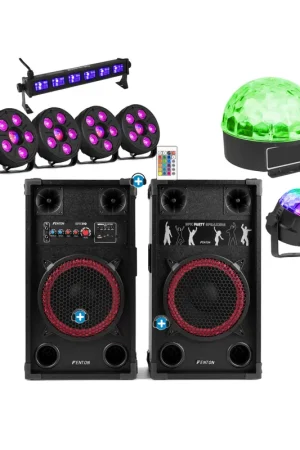 Pack FiestaLight Storm 10 - Altavoces Fenton 10 + Set de 4 Efectos de Luz (UV, Bola, Par y Tornado) Entrega Rápida