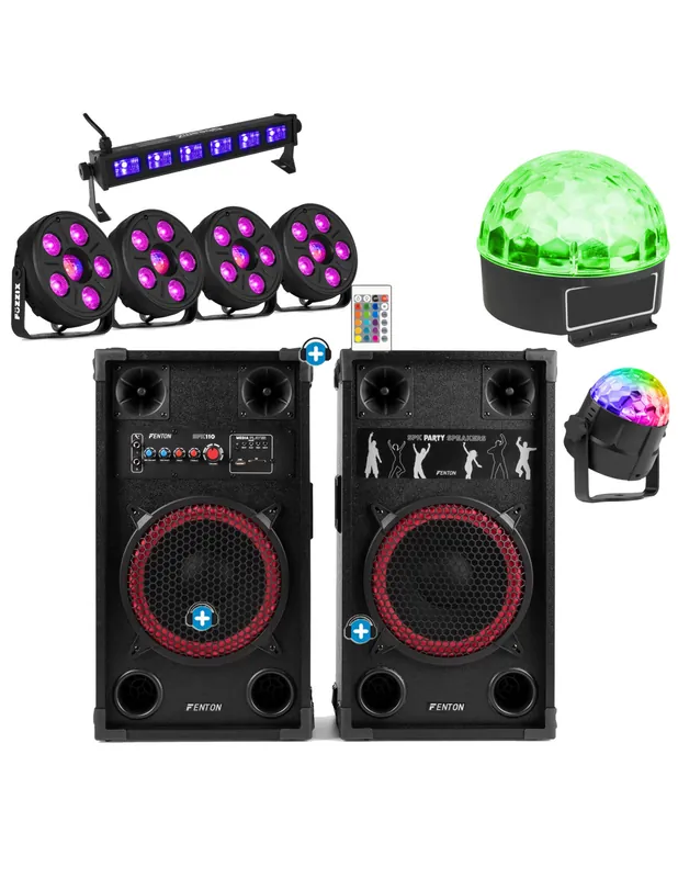Pack FiestaLight Storm 10 - Altavoces Fenton 10 + Set de 4 Efectos de Luz (UV, Bola, Par y Tornado) Entrega Rápida