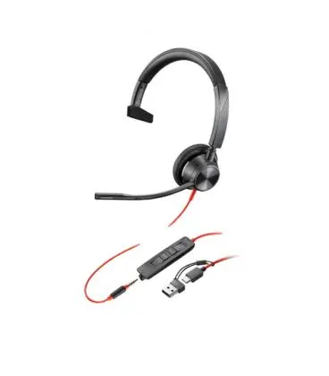 Auricular poly blackwire 3315 para microsoft teams + adaptador usb-c/a/ con micrófono/ jack 3.5/ negro Devolución Gratuita