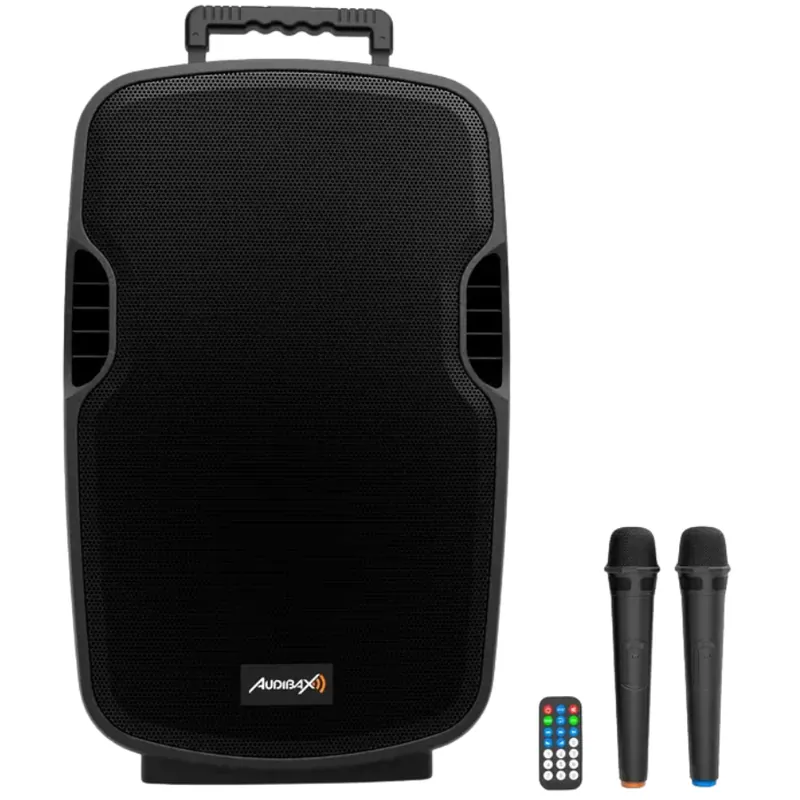 AUDIBAX DENVER 15 ALTAVOZ ACTIVO PA 15 CON BATERIA, RUEDAS + 2 MICROFONOS Alta Calidad