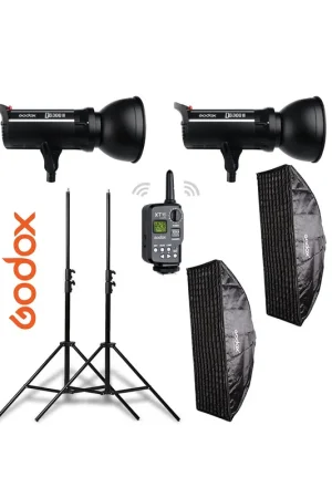 Kit 2 flashes Godox DS300II receptor interno, ventanas con Grid, pies y transmisor Bestseller