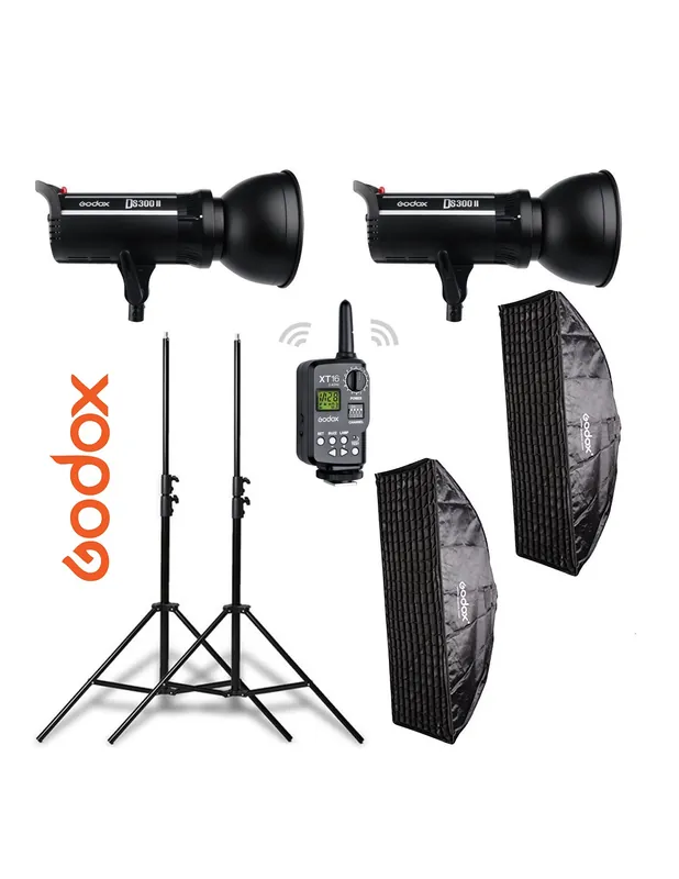 Kit 2 flashes Godox DS300II receptor interno, ventanas con Grid, pies y transmisor Bestseller