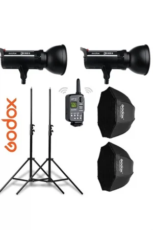 A Buen Precio Kit 2 flashes Godox DS300II con receptor interno, octas, pies y transmisor XT16