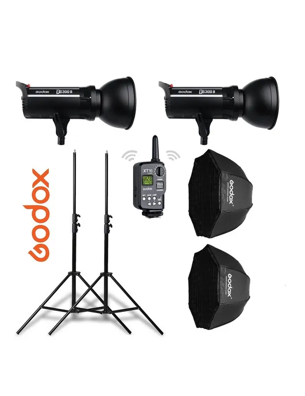 A Buen Precio Kit 2 flashes Godox DS300II con receptor interno, octas, pies y transmisor XT16